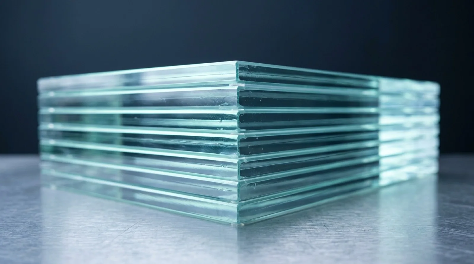 Precisely aligned pale blue glass layers.