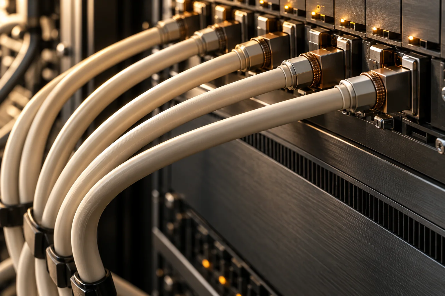 Light-coloured network cables arranged in a technology study.